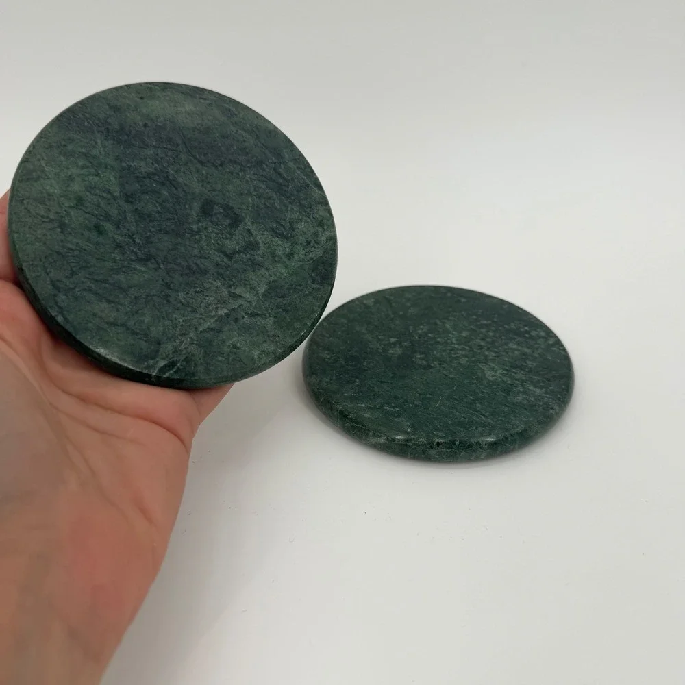 Green Marble Coasters with Cork Backing Set of 2 Dark Forest Stone Round 4 inch